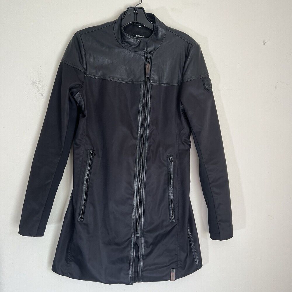 Rudsak Womens Leather Trim Trench Coat Jacket Black Full Zip Lightweight Medium